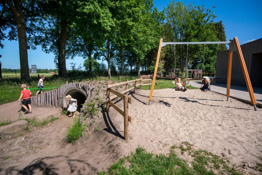 kinderen spelen op een groen schoolplein