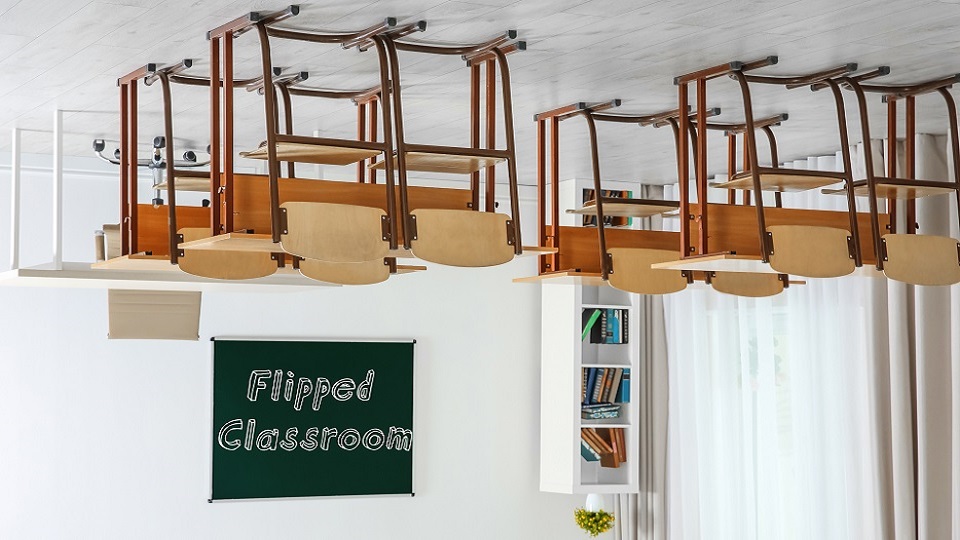 klaslokaal ondersteboven met schoolbanken op de kop aan het plafond. Op schoolbord de tekst 'flipped classroom'